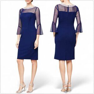 Alex Evenings Electric Blue Beaded Illusion Bell Sleeve Rhinestone Dress NWT 16